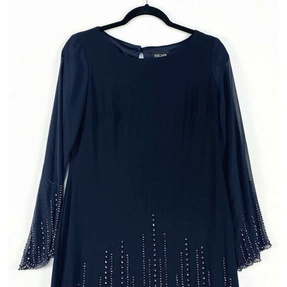 Xscape Evening Dress Women's 6 Blue With Silver Accent Mesh Sleeves Knee Length - Picture 9 of 10